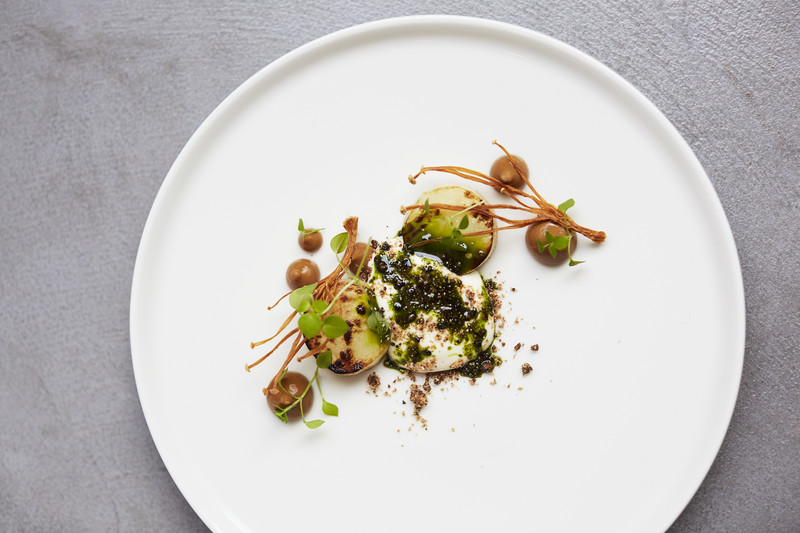 Salt-baked celeriac with enoki mushroom and whey